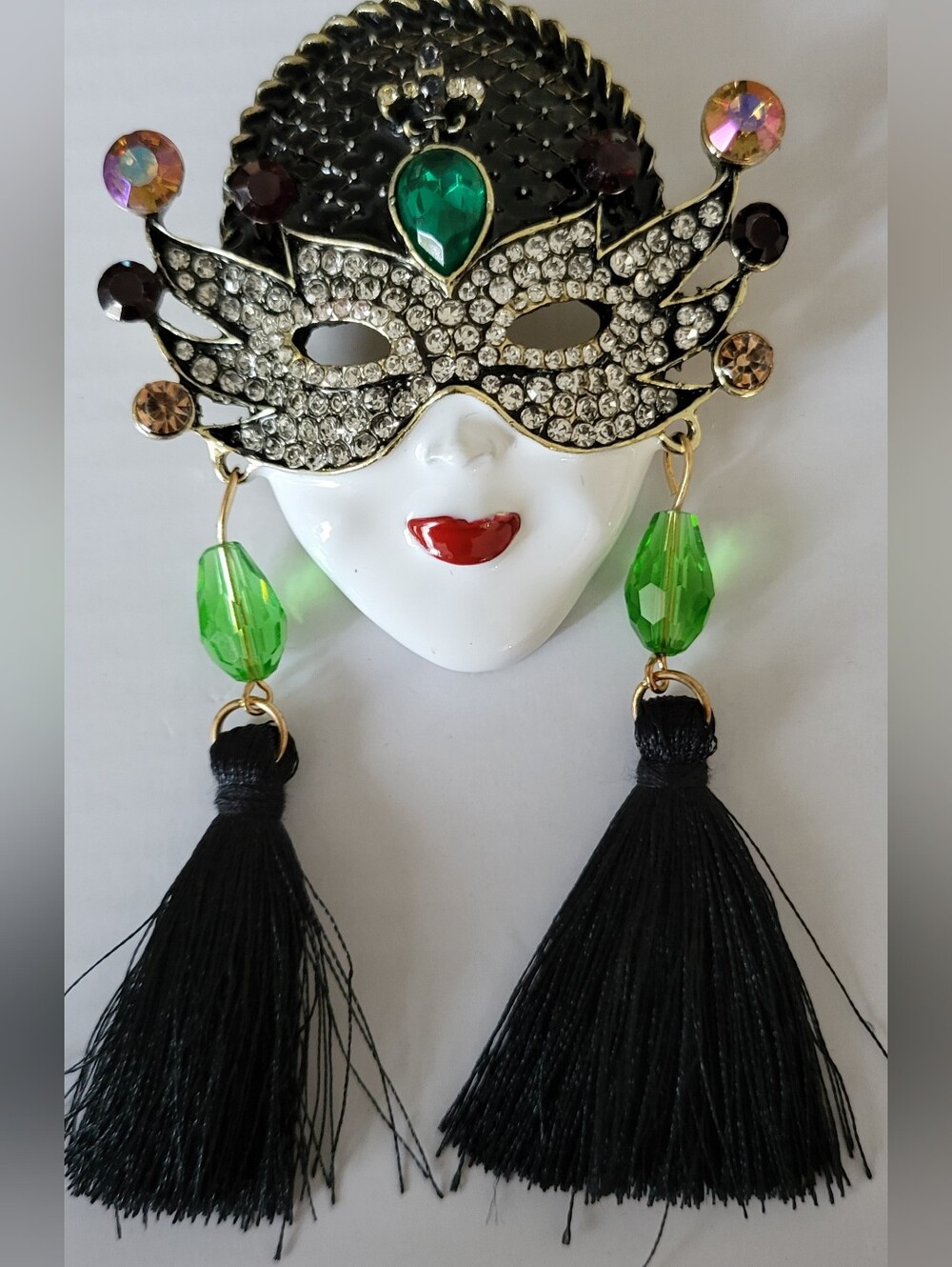 Bold Masquerade Mask Face Tassel Brooch- Black and Green Enamel & Rhinestones